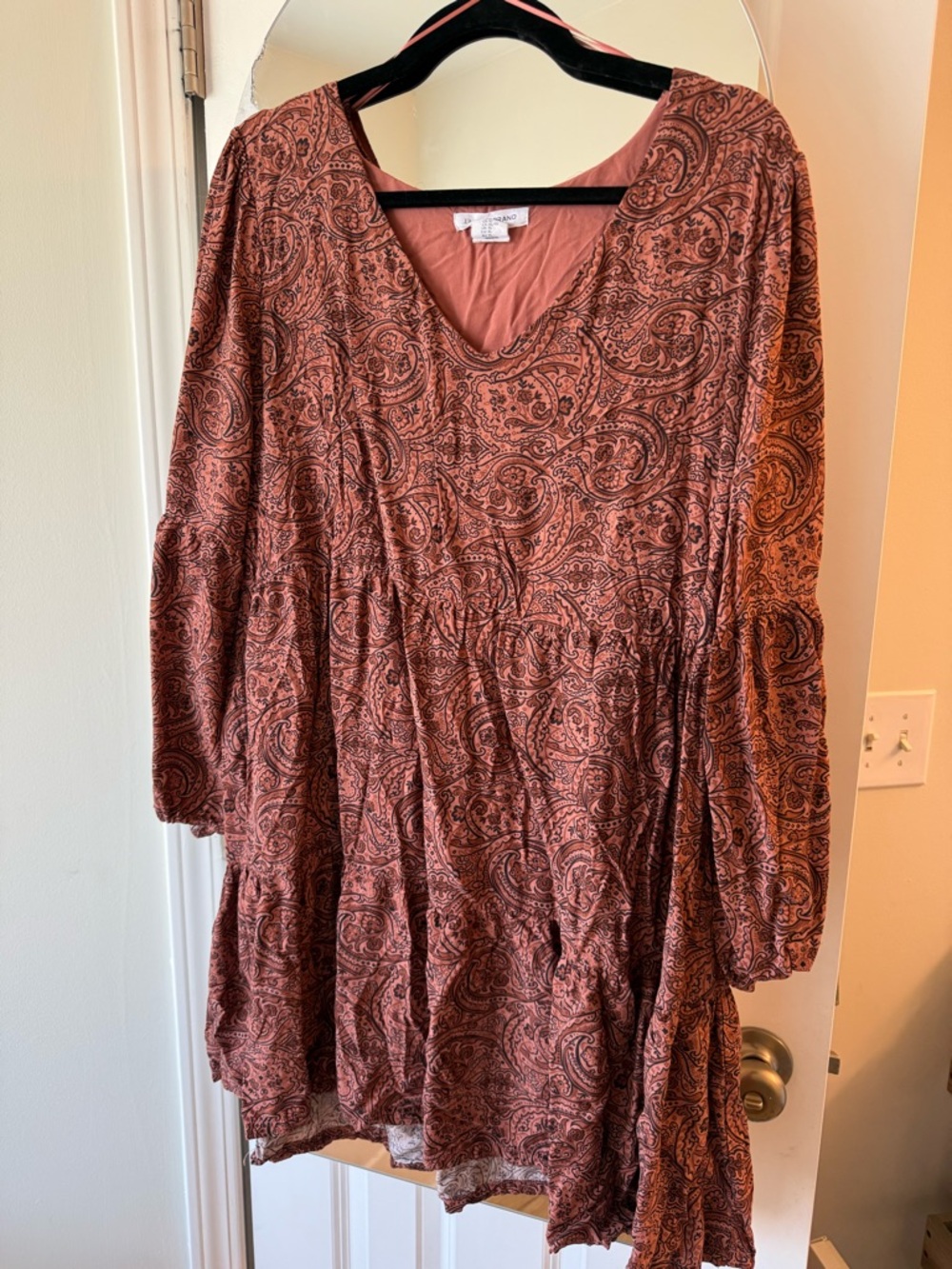 Lucky Brand Rust Paisley Tiered V-Neck Long Sleeve Dress